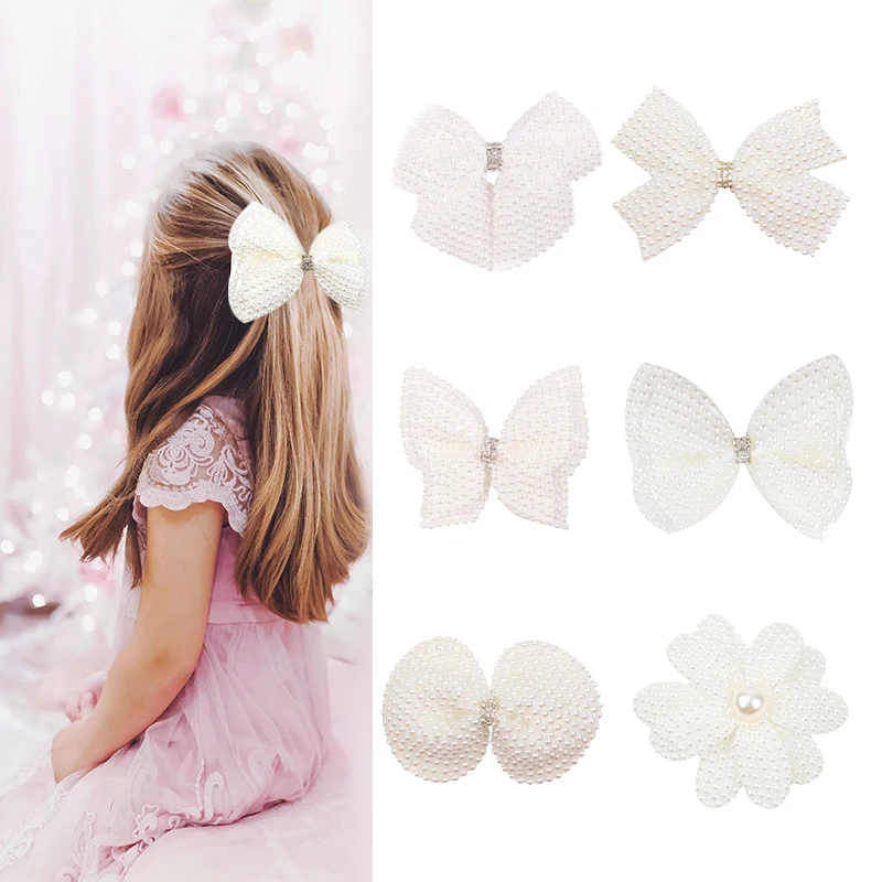 

Банты для волос с белым жемчугом и зажимами для волос для девочек, детские бутиковые многослойные украшения Стразы, центральные банты, шпил...