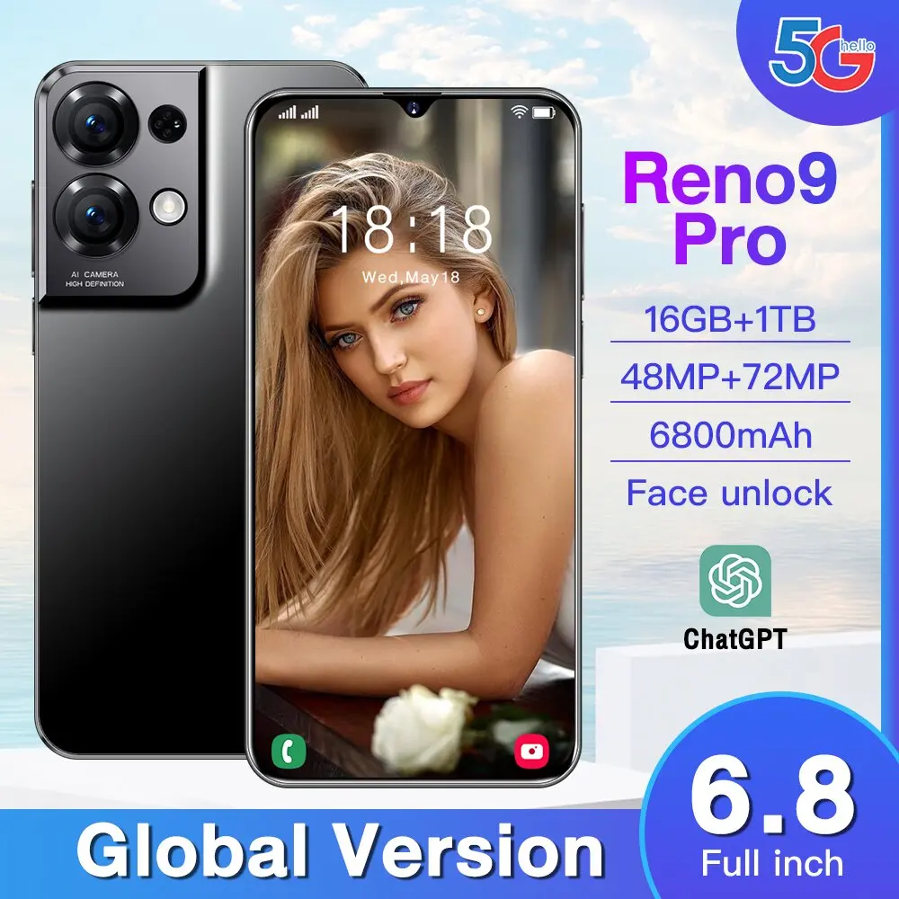 

Global Version Reno9 Pro Smartphone 5G Android 6.8inch HD Full Screen 16GB+1TB Mobile Phones Dual SIM Cards Cell Phone Brand New
