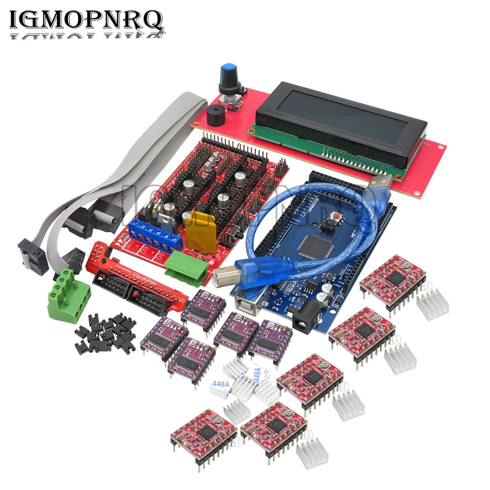 

Контроллер Mega 2560 R3 CH340 + 1 контроллер RAMPS 1,4 + 5 шт. модуль шагового драйвера A4988 DRV8825 + 1 шт. контроллер 2004 для комплекта 3D-принтера