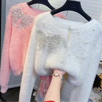 elegant sequins 3d bow white mink fleece sweater women beaded plush knitted cardigan 2022 autumn winter new thick warm sweaters