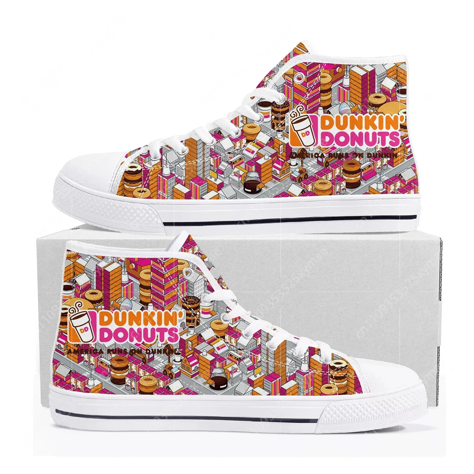 Фото Кроссовки Dunkin' Deez Nuts Drinks High Top высокого качества для мужчин, женщин и подростков, повседневные кеды из канваса, обувь для пар, изготовленная на заказ №1