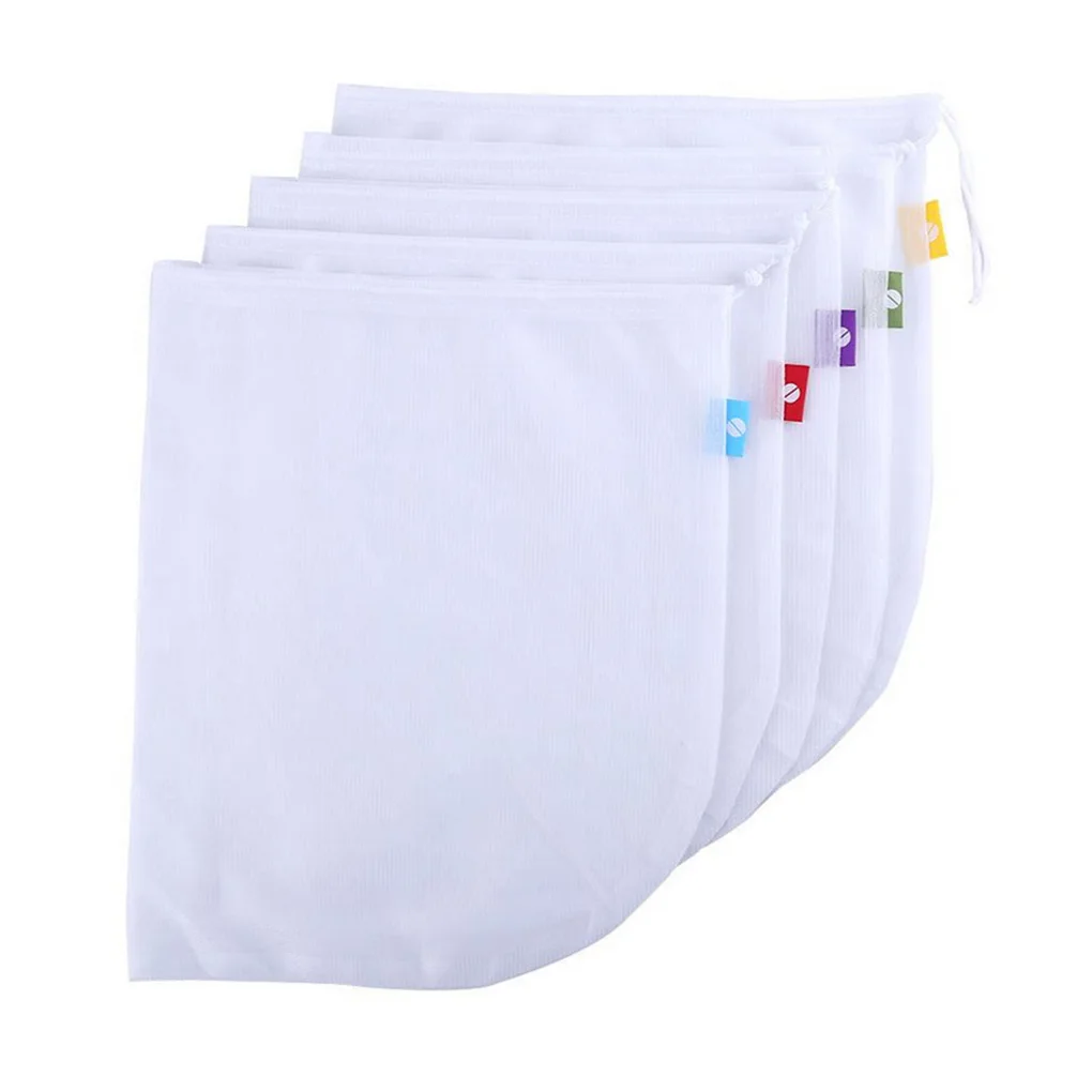

5pcs Reusable Mesh Bags Vegetable Fruit Drawstring Net Storage Pockets Kitchen Product Organizer Pack