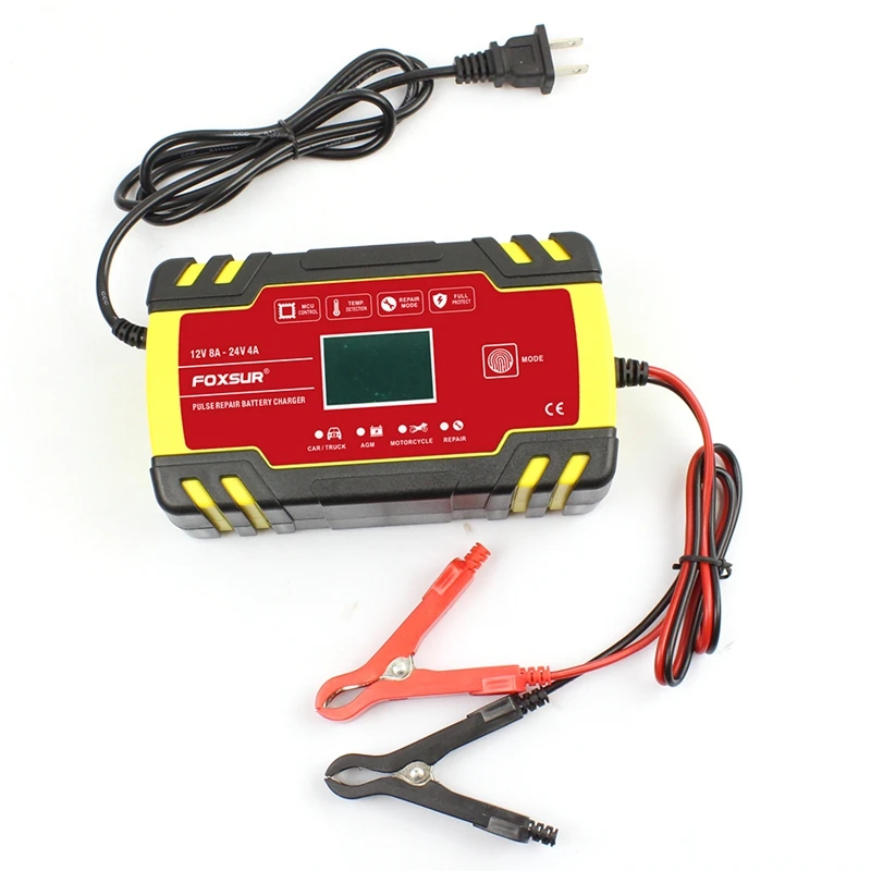 

Foxsur 12V-24V 8A Car Motorcycle Pulse Battery Repair Charger Full Automatic Battery-Chargers Digital LCD Display--EU Plug