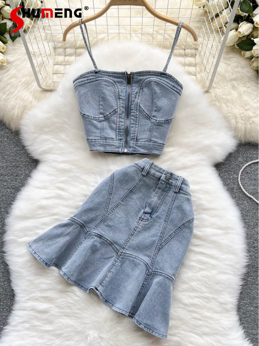 

Sweet Hot Girl Off-Shoulder Short Camisole Women's Summer Wear Sling Two-Piece Suit High Waist Sheath Fishtail Short Skirt