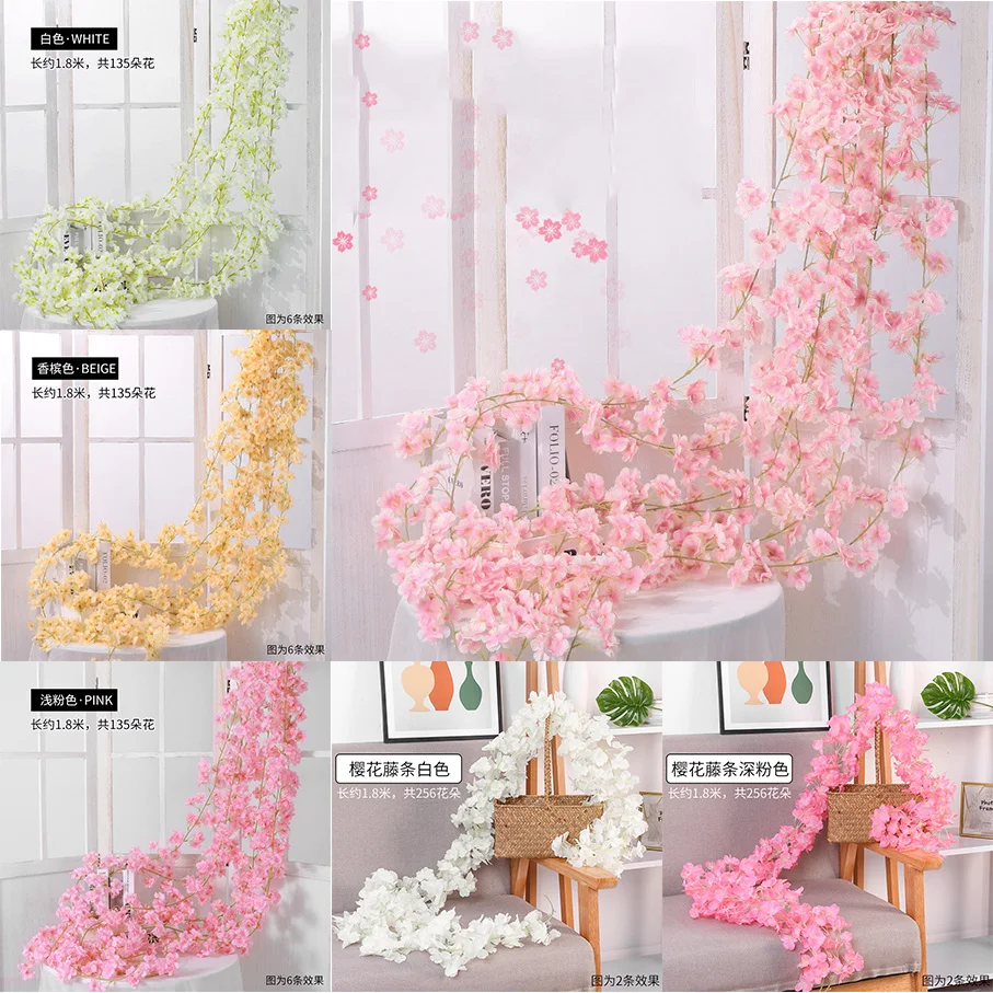 

180cm Pink Cherry Blossom 135/256 Heads Silk Artificial Vine Sakura Hanging Flowers For Wedding Home Decorations