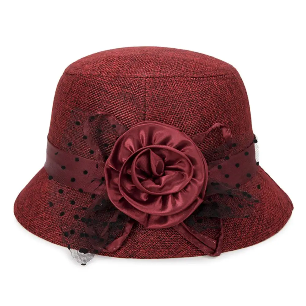 

Linen Flat Top Fedoras Hats For Women Bucket Hat Elegant Polka Dot Mesh Flower Bowler Hat Jazz Cap Elegant British Wide Brim Cap