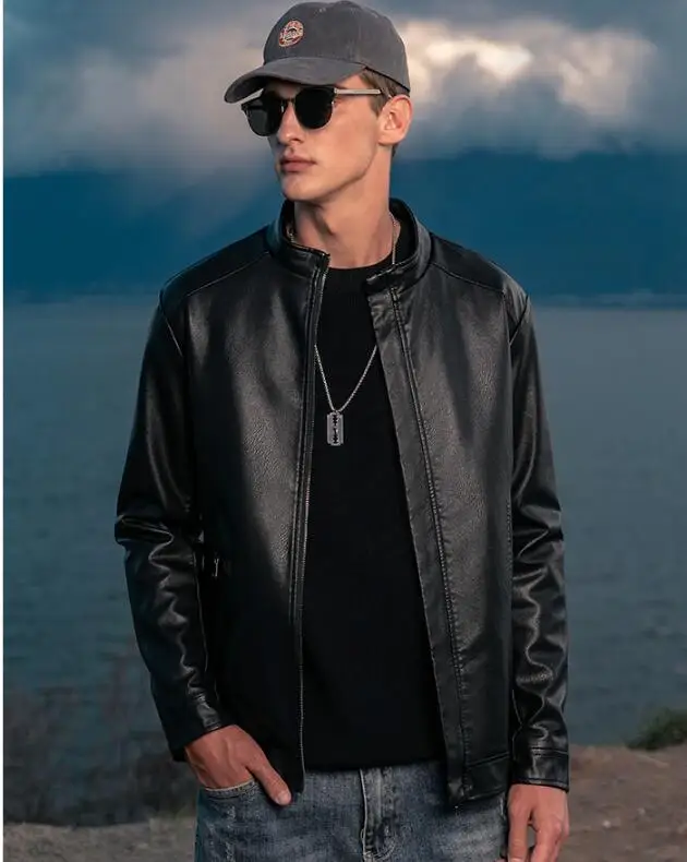 

2022 Spring New Black Leather Jacket Men Motorcycle Jacket PU Fshion