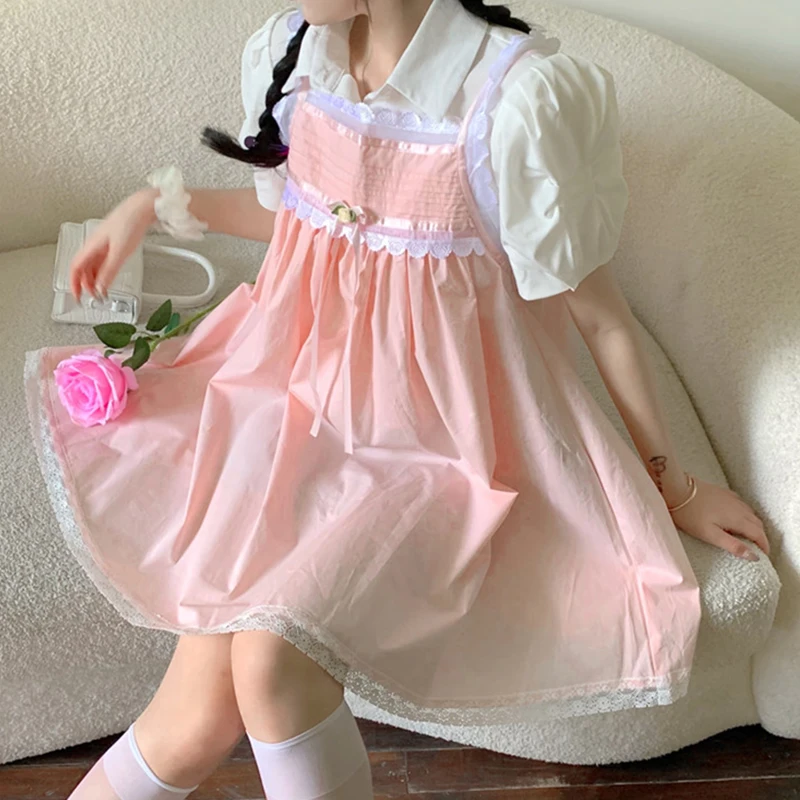 

Sweet 2 Piece Set Women Summer Beige Satin Shirt Puff Sleeve Floral Embroidery Pink Lace Trim Dress Folds Ribbons Kawaii Clothes