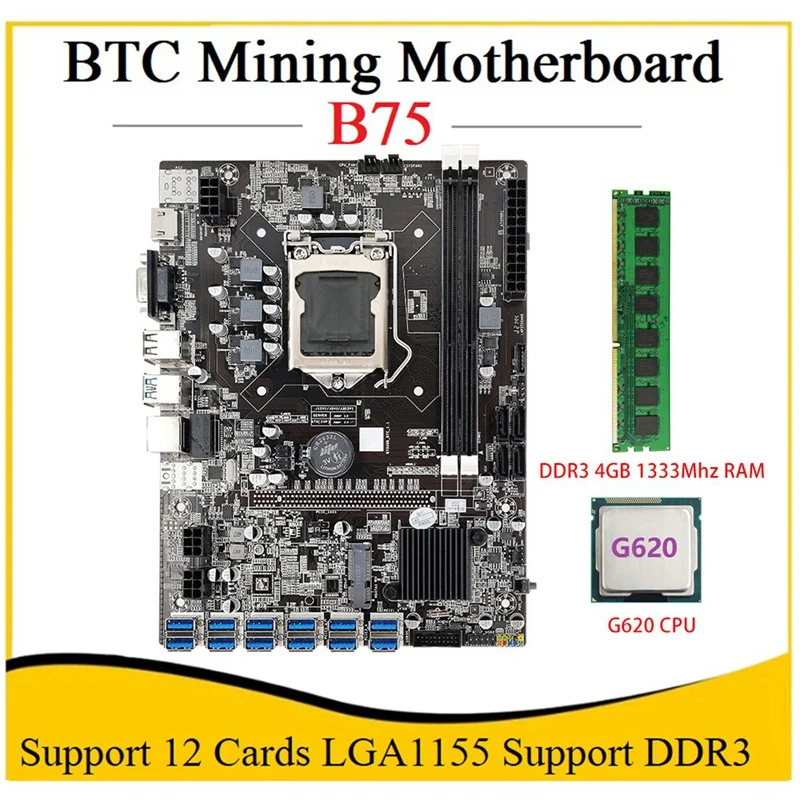 

Материнская плата для майнинга B75 BTC LGA1155 12 PCIE к USB адаптеру + G620 ЦП + DDR3 4 Гб 1333 МГц ОЗУ B75 USB ETH материнская плата для майнинга