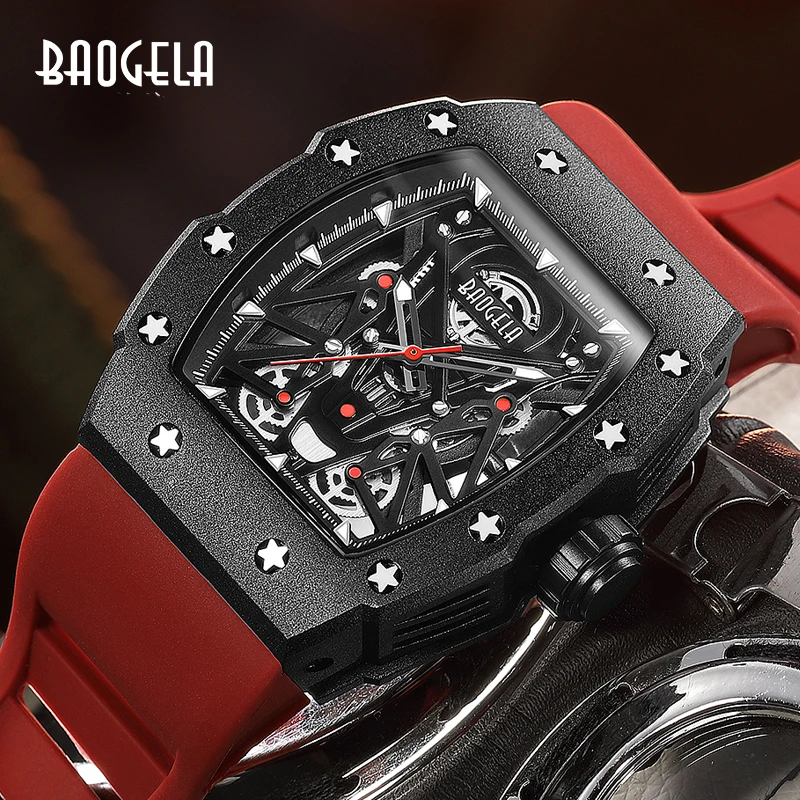 BAOGELA Top Brand Tonneau Watches for Men Military Sport Stainless Steel  Red Quartz Wristwatch 5TM Waterproof Silicone Strap