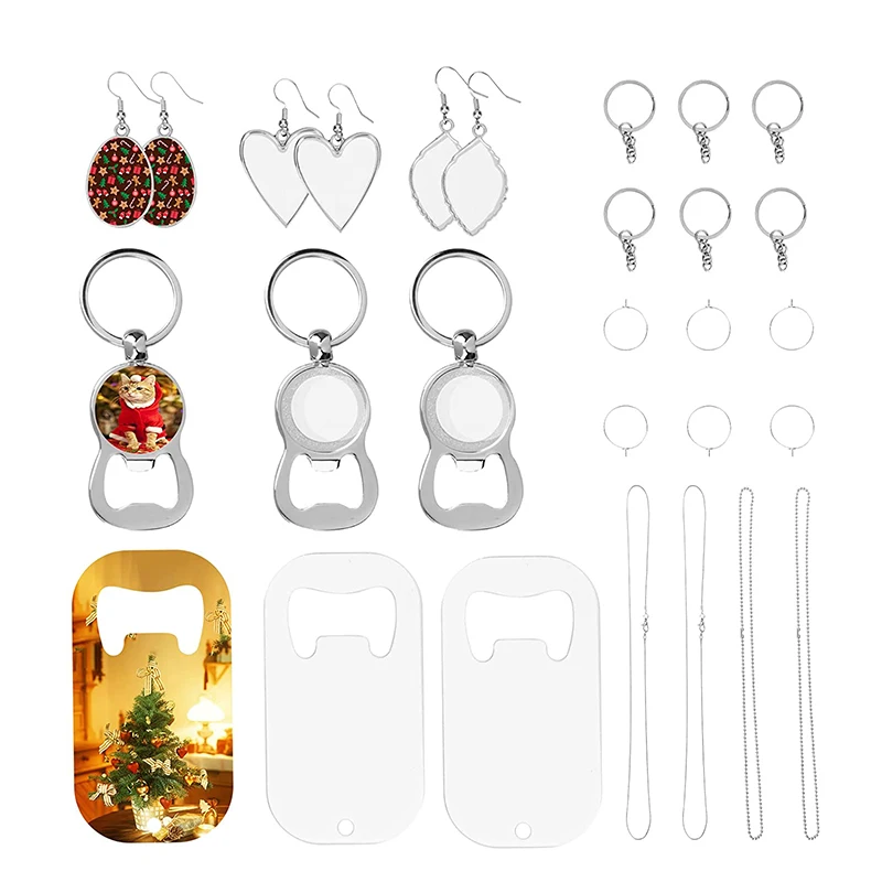 

26 Pcs Sublimation Earring Blanks Keychains Bottle Opener Wine Glass Pendant Earring Hooks Accessories For DIY Jewelry Crafts