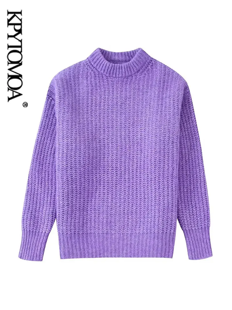 

KPYTOMOA Women Fashion With Rib Trim Loose Knit Sweater Vintage O Neck Long Sleeve Female Pullovers Chic Tops