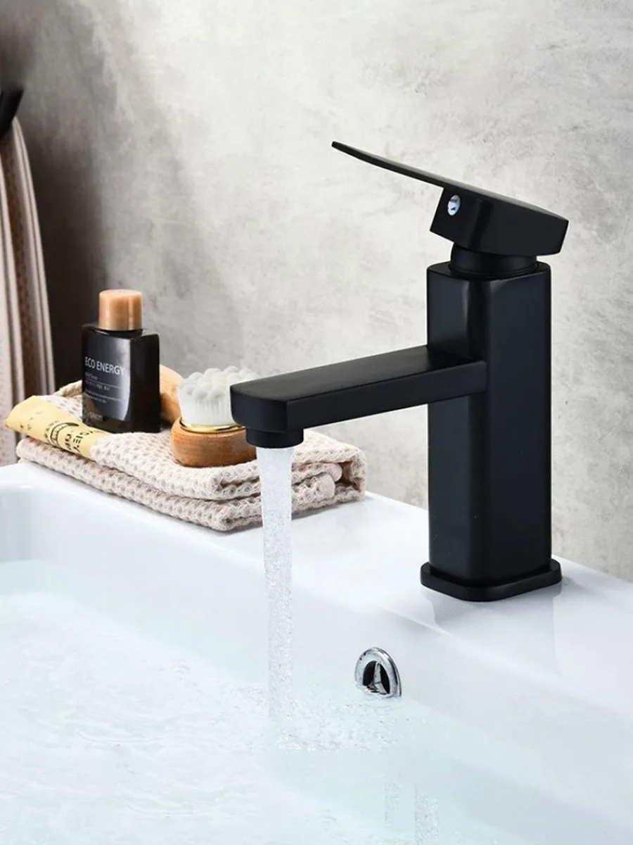 

304 Stainless Steel Black Square Single Cold Sink Faucet Bathroom Counter Basin Faucet Deck Mounte Basin Tap Single Hole Faucet
