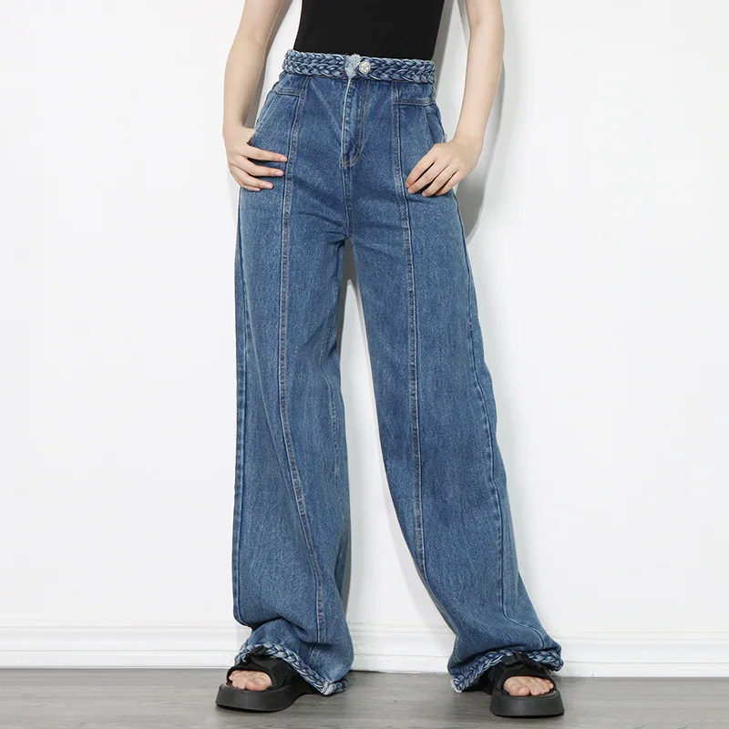 

Braided Panel Jeans For Women High Waist Loose Wide Leg Pants Female Fashion Casual Straight Denim Trousers f24