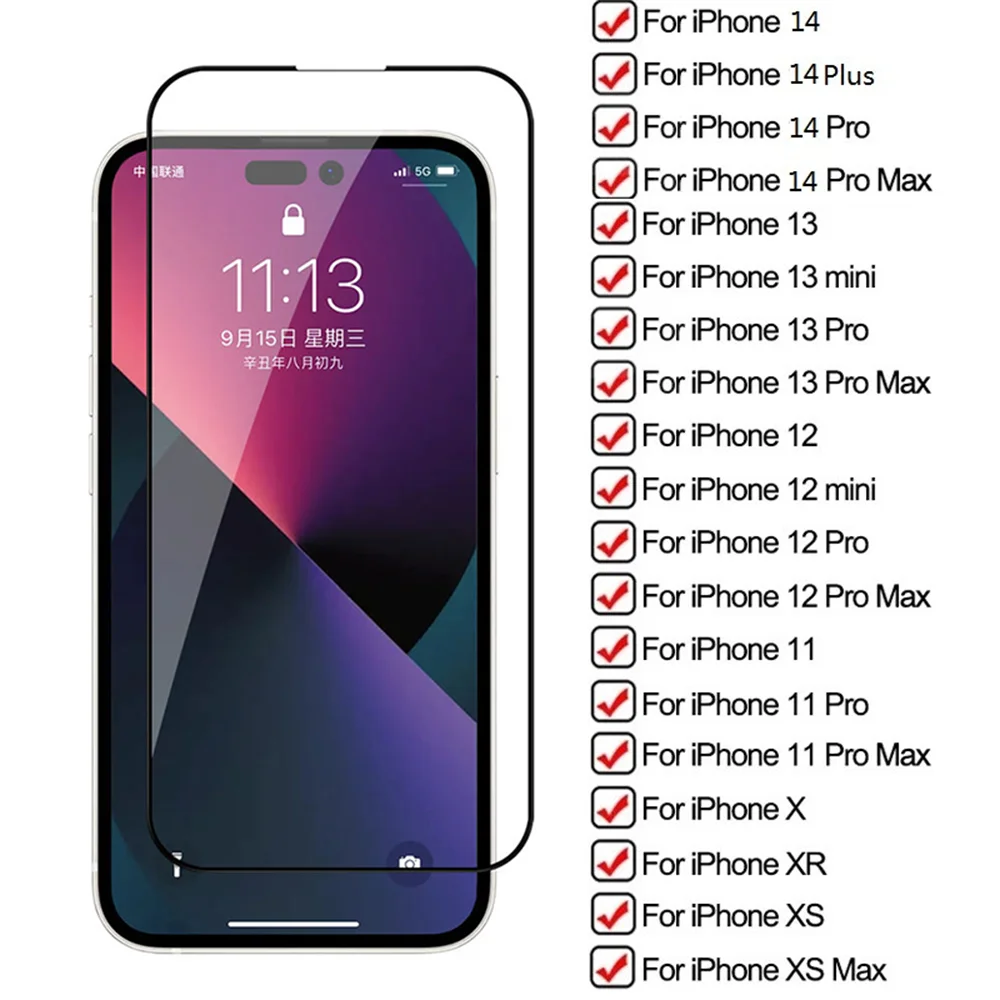 100Pcs Full Cover Screen Protector For iPhone 14 13 12 11 Pro Max Mini XR X XS MAX Tempered Glass on For iPhone 7 8 14 Plus SE