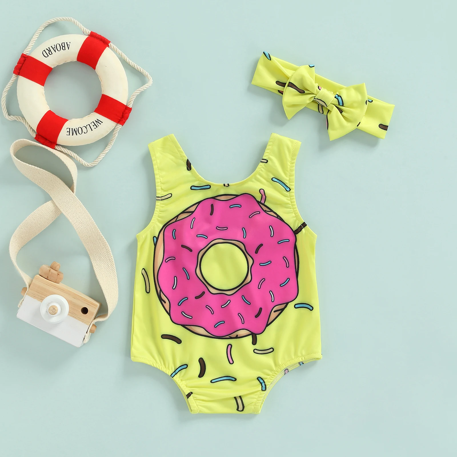 Купальник для маленьких девочек с повязкой на голову монокини принтом