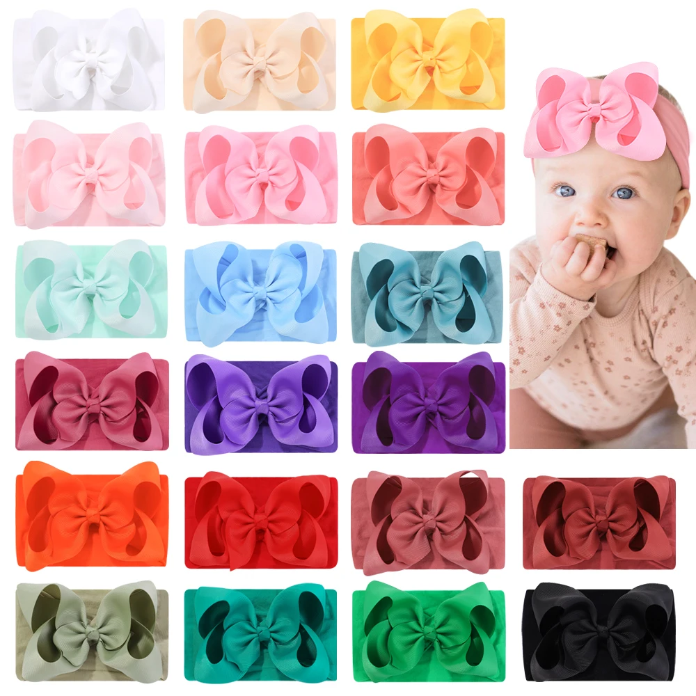 

20 Color Large Ribbon Bow Baby Headband Girls Wide Nylon Turban Newborn Bow Headwrap Baby Gift Super Soft Infant Hair Band Gift