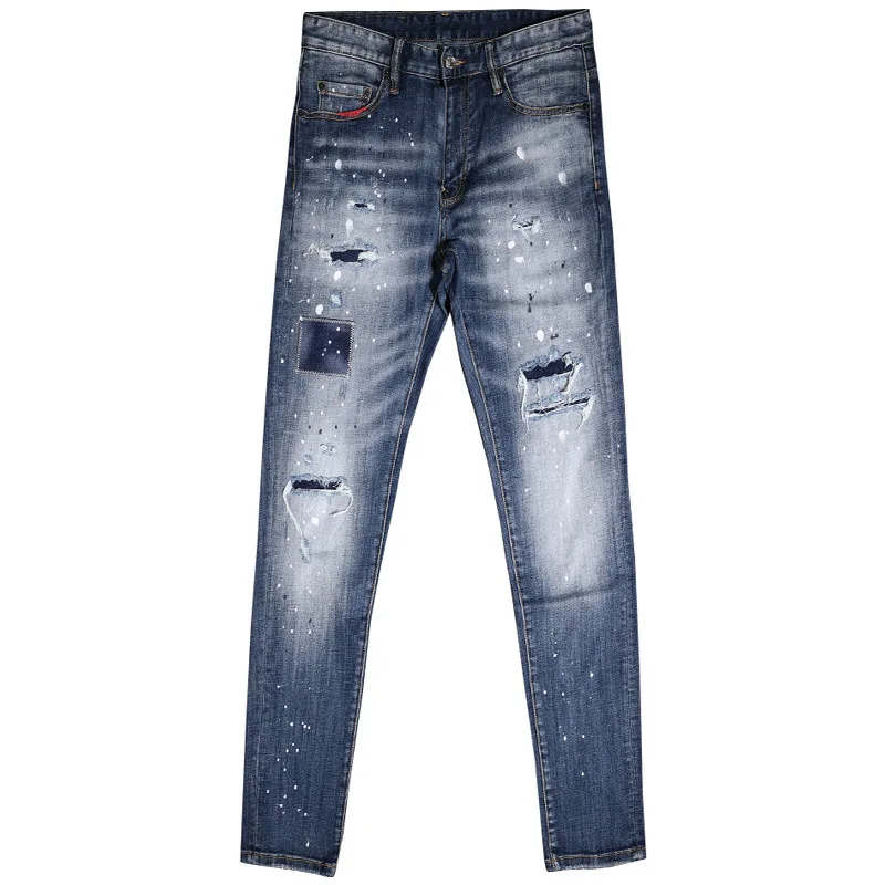 High Street Tide Brand New Ripped Hole Patch Washed Slim Feet Trendy Casual All-Match Men'S Denim Trousers Pencil Jeans For Men