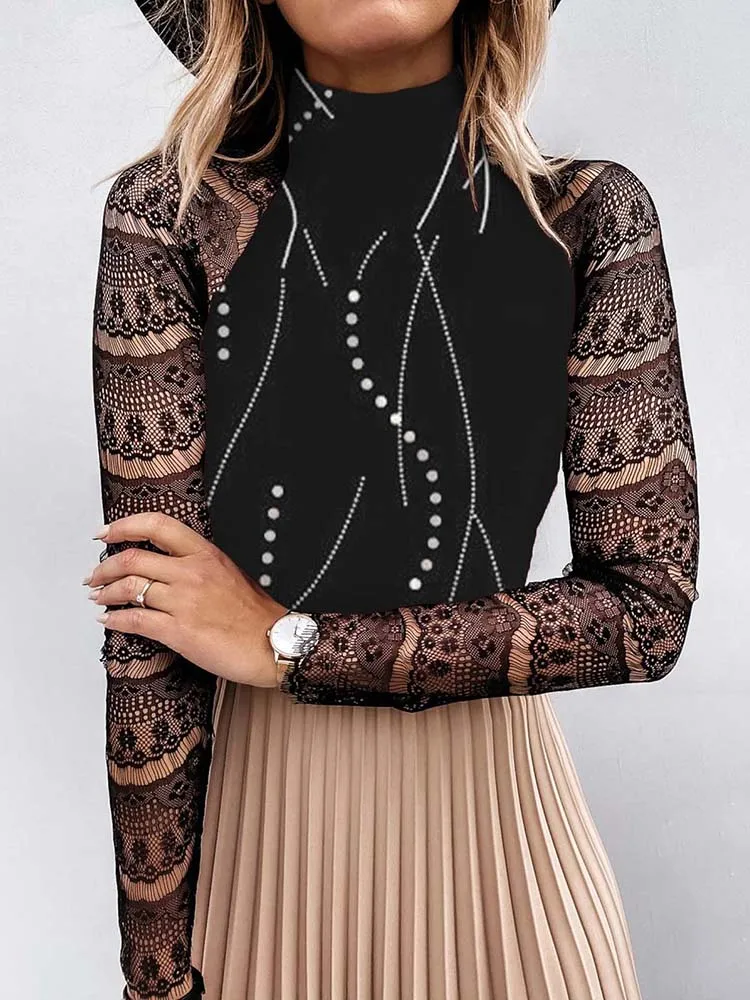 

Осенне-зимняя кружевная блузка с воротником «хомут», модная повседневная Офисная Женская облегающая Базовая рубашка, Женский пуловер в сти...