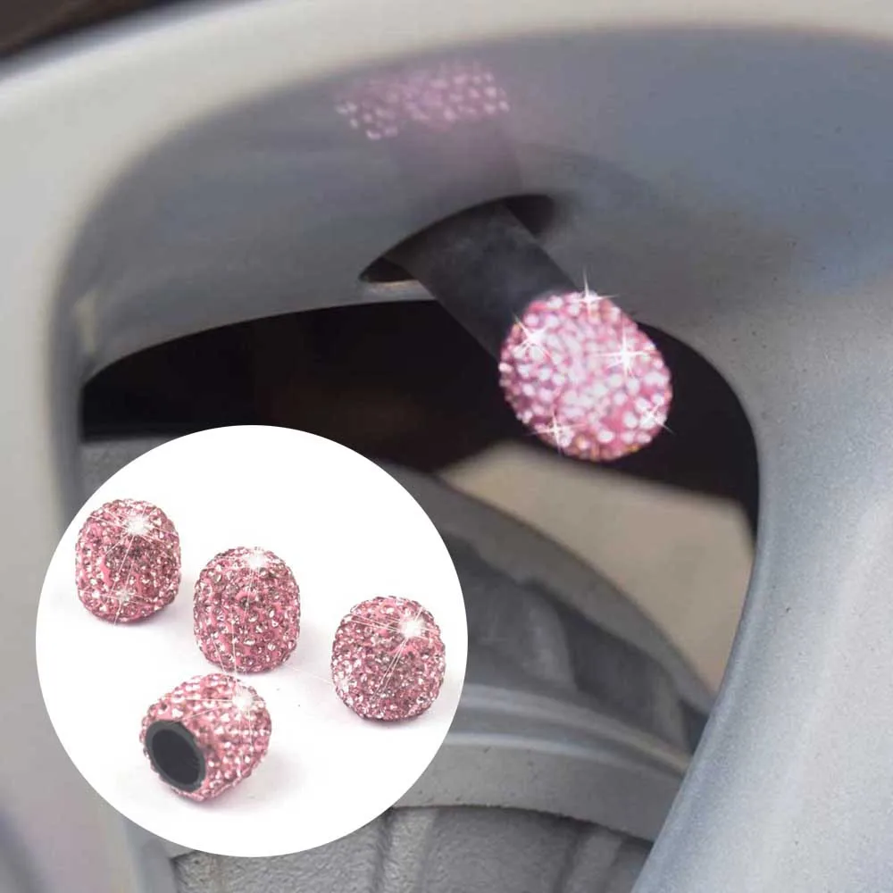 

4pcs Universal Car Tire Air Sealing Cap Anti-Rust Dust-Proof Valve Cap Clay + Rhinestone Pink Tire Valve Stem Caps Sparkling