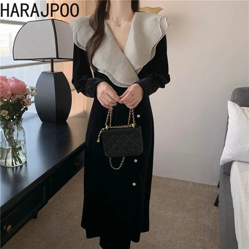 

Harajpoo Woman Dress V Neck Color Contrast Buttoned Velvet Ruffled Black Korean 2022 New Spring Clothing Long Sleeve Dresses