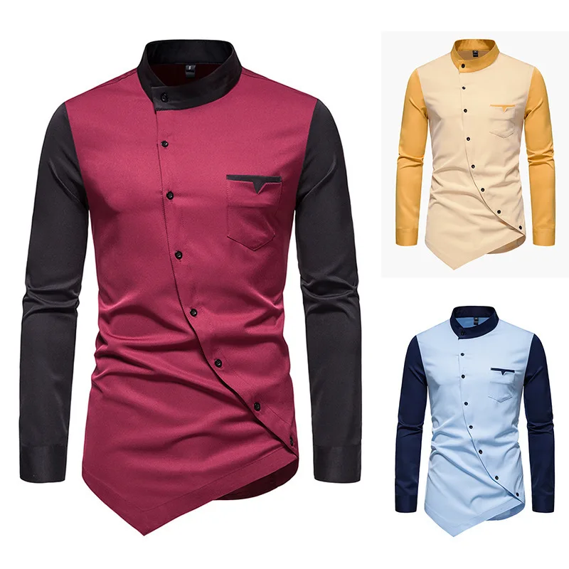Men's Shirt Long Sleeve Slim Casual Irregular Oblique Button Contrast Color Stand Collar Personality Shirts Social Party Blouse