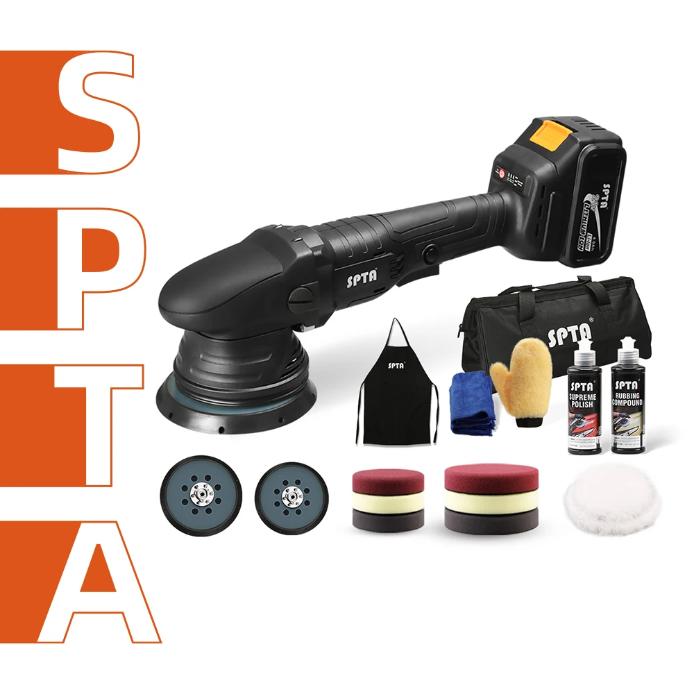

SPTA 21V Cordless Car Polisher 15mm Orbit 3000-5000rpm Variable Speed Polishing Machine With 2 4000Ahm Battery For Car Plishing