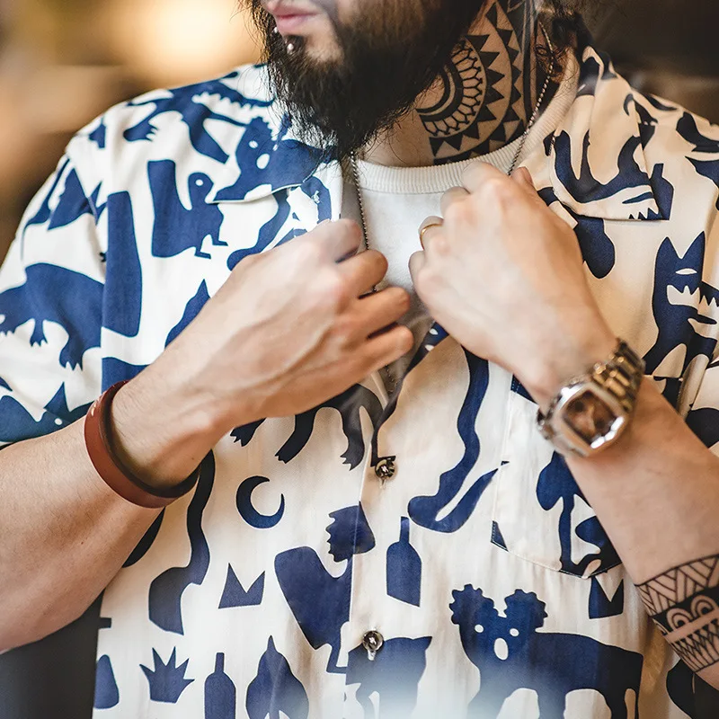 

Madden Workwear American Retro Indian Totem Flower Shirt Cuban Collar Graffiti Short Sleeve Beach Shirt Men Summer