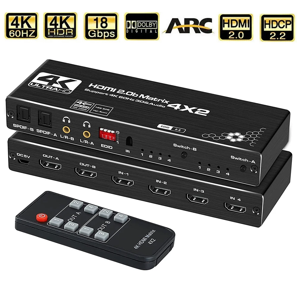 Матричный разветвитель 4K @ 60Hz 4x2 HDMI-Совместимость со SPDIF и L/R 3,5 мм HDR переключатель 4x 2 Поддержка HDCP 2,2 3D