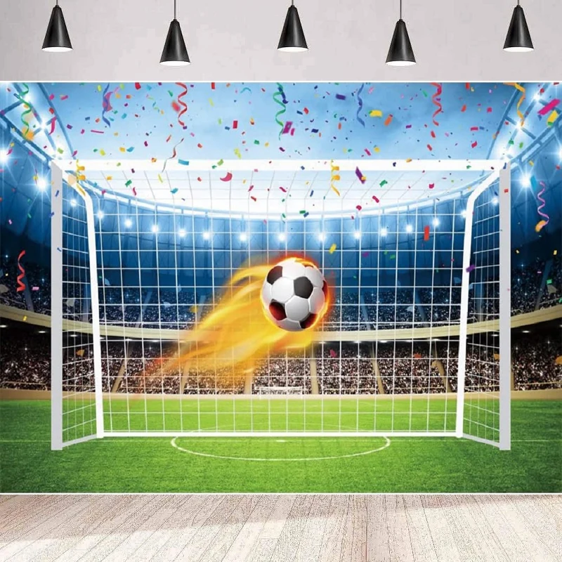 Фон для футбольной фотографии золотого пламени футбола зеленой травы красочной