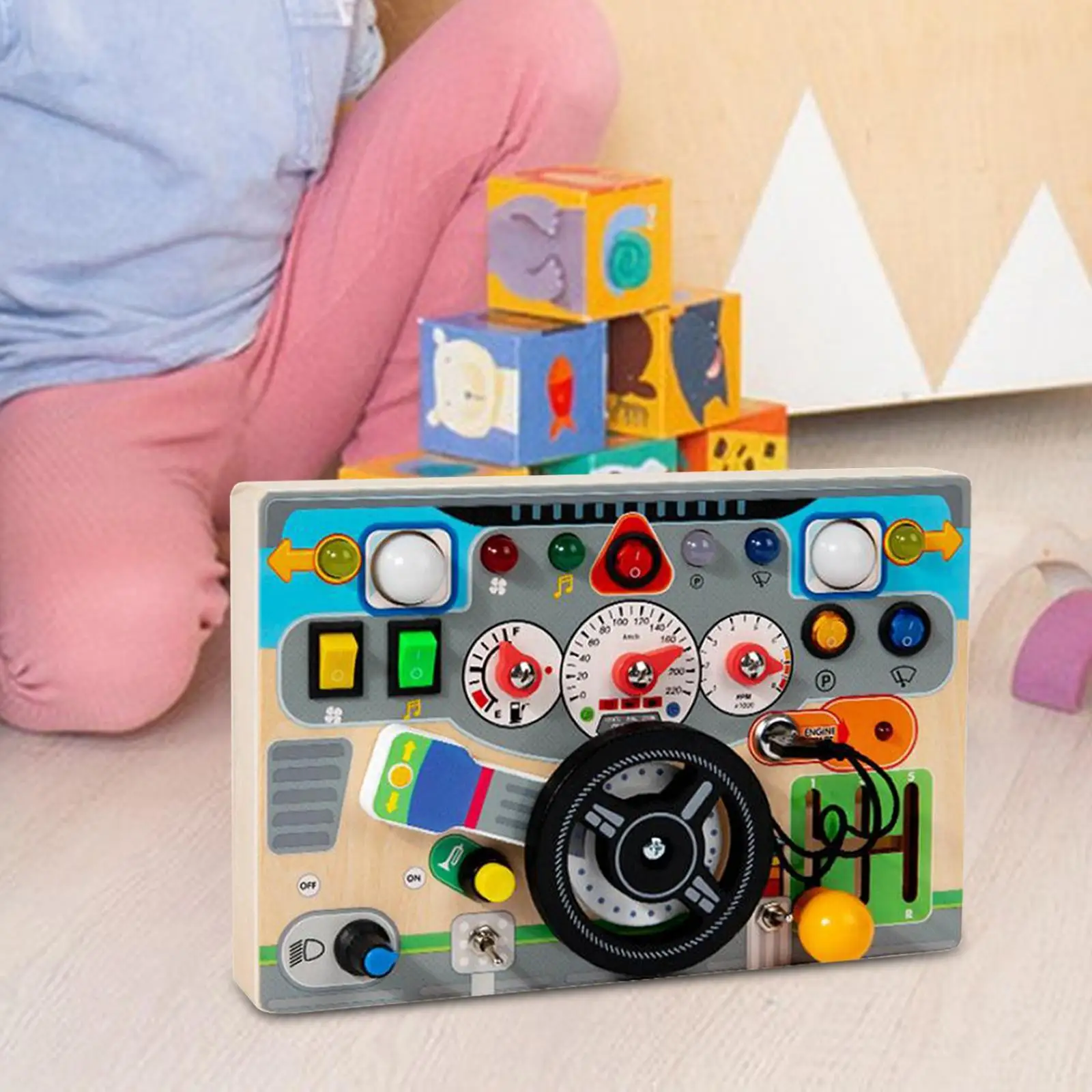 Деревянный руль игрушка имитирующая образовательная с выключателем света доска