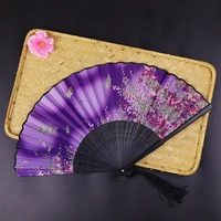 folding hand fans silk fabric and hollow carved bamboo handheld folding fan chinese style hand fan tassels party wedding dancing