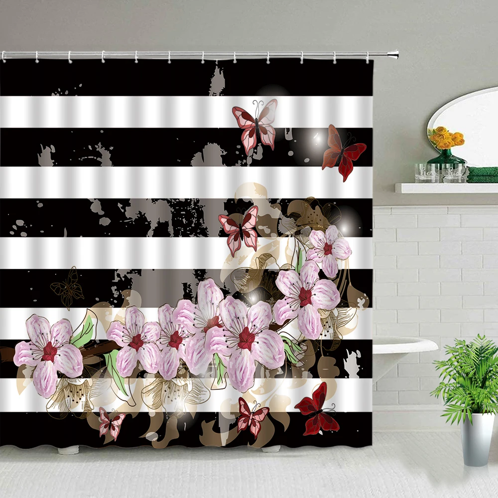 

Black White Stripe Shower Curtains Peony Floral Plant Printing Bathroom Bath Curtains Waterproof Polyester with Hooks Screens
