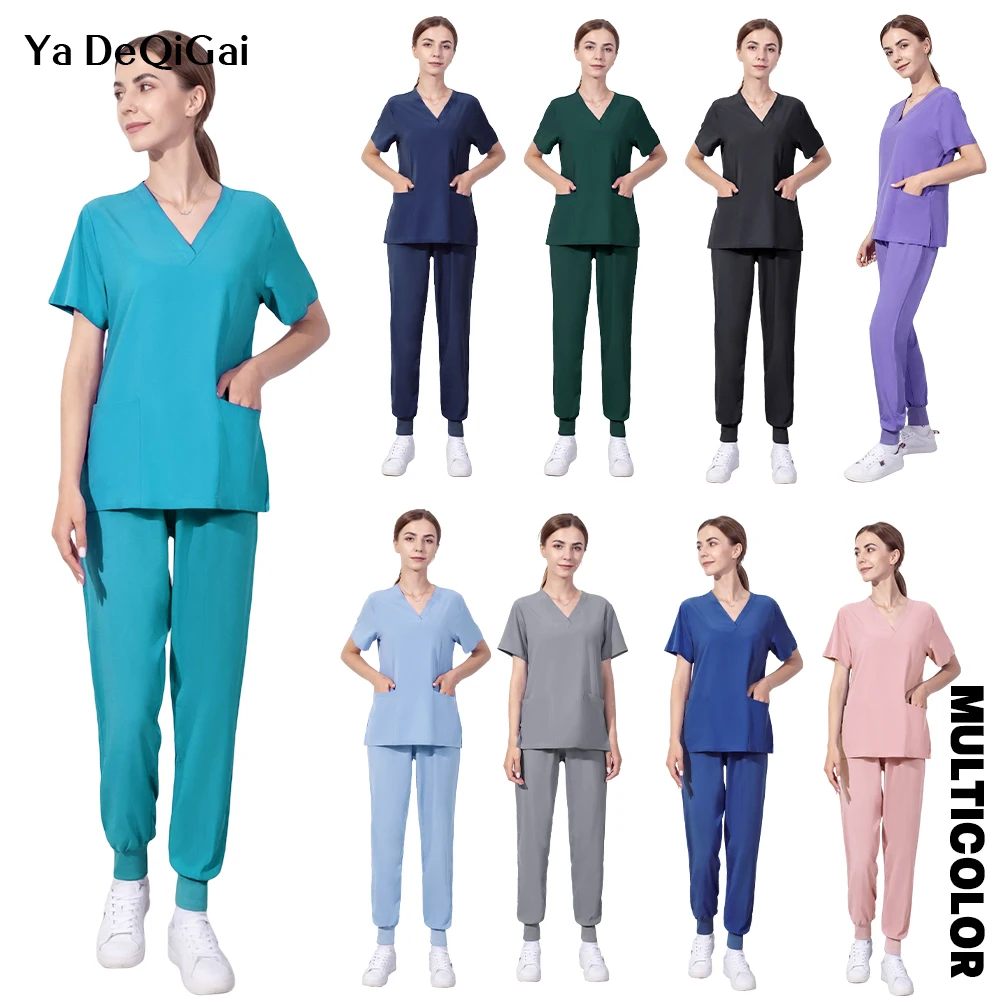 Operating Room Medical Uniforms Women Scrubs Clothes Sleeve V-Neck Workers T-Shirt Tops Summer Uniformes  Medical Accessories