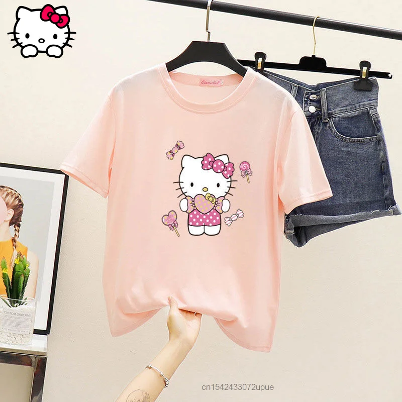 Sanrio Hello Kitty 2022 New Summer Short Sleeve T-shirt Women's Fashion Clothes Tee Super Hot Korean  Loose Student T-Shirt Top