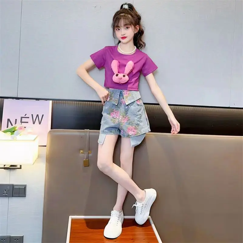 

4-14T Girls' Denim Shorts Set 2023 Summer Fashion Personalized Printed Shorts+Cartoon Short Sleeve Two Piece Set