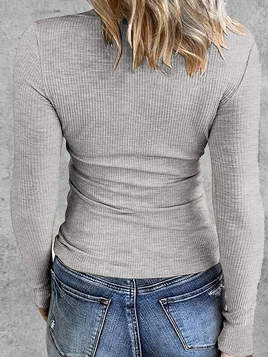 Женская Однотонная футболка в рубчик с длинным рукавом и круглым вырезом