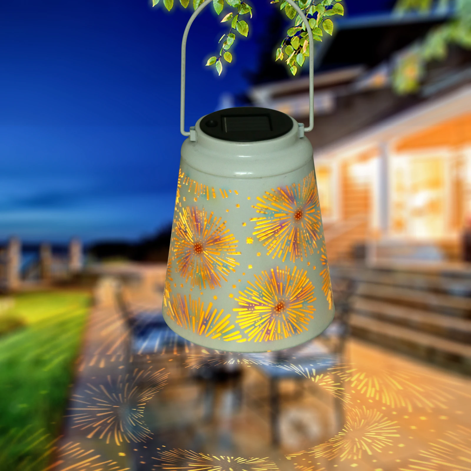 Outdoor LED Wrought Iron Projection Lamp Solar Lantern Lights Courtyard Auto On/Off Decoration Hollow Waterproof Ornament