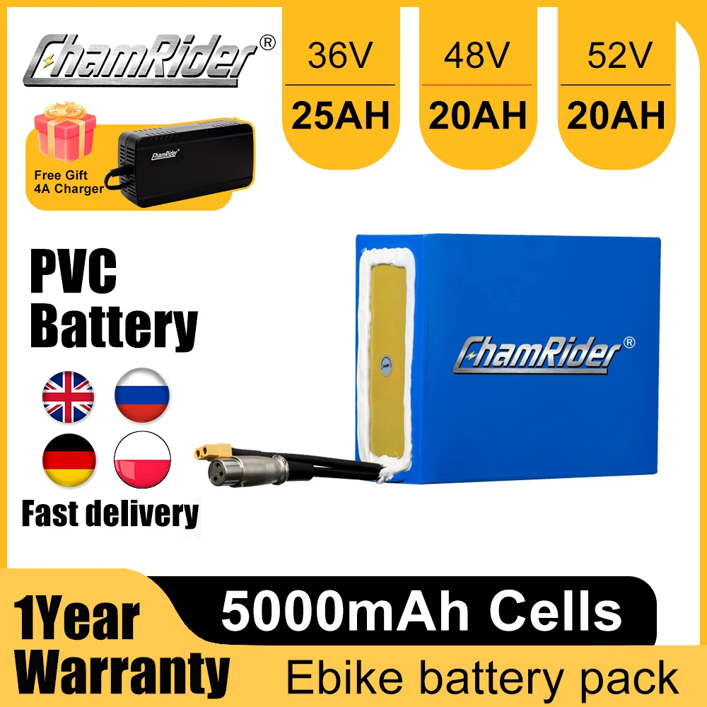 Chamrider Ebike Battery 36V 48V Electric Bicycle 25ah 30ah Lithium Pack For Bike Scoote 500W 750W 18650