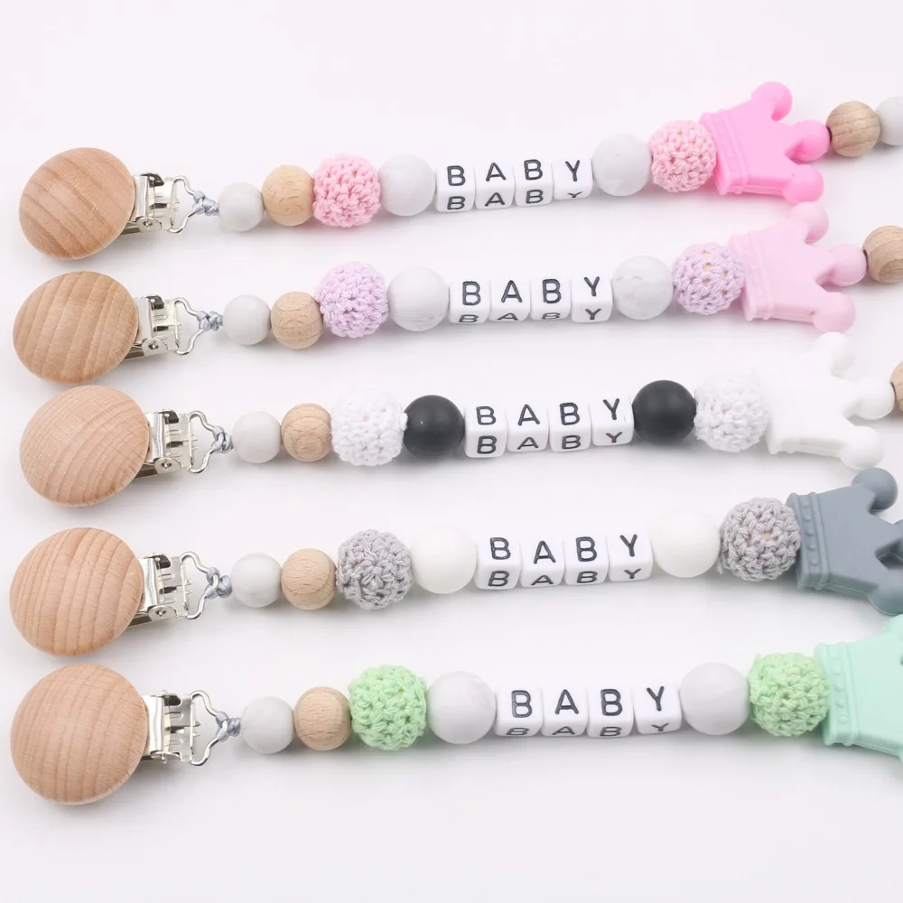 

New Personalized Name Handmade Beech Pacifier Clips Holder Chain Silicone Crown Pacifier Chains Baby Teether Teething Chain Gift