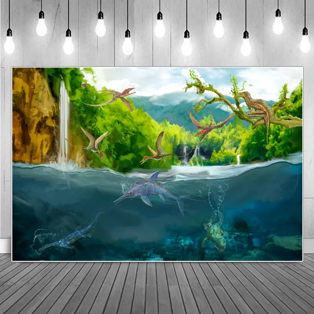 

Aquarium Swimming Dinosaurs World Birthday Decoration Photography Backdrops Blue River Forest Mountains Animal Photo Backgrounds