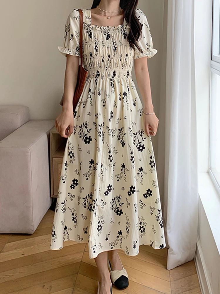 

Elegant Square Neck Printed Skirt Slim Fit Short Sleeve Dress 2023 Summer New Fashion Women'S Clothing