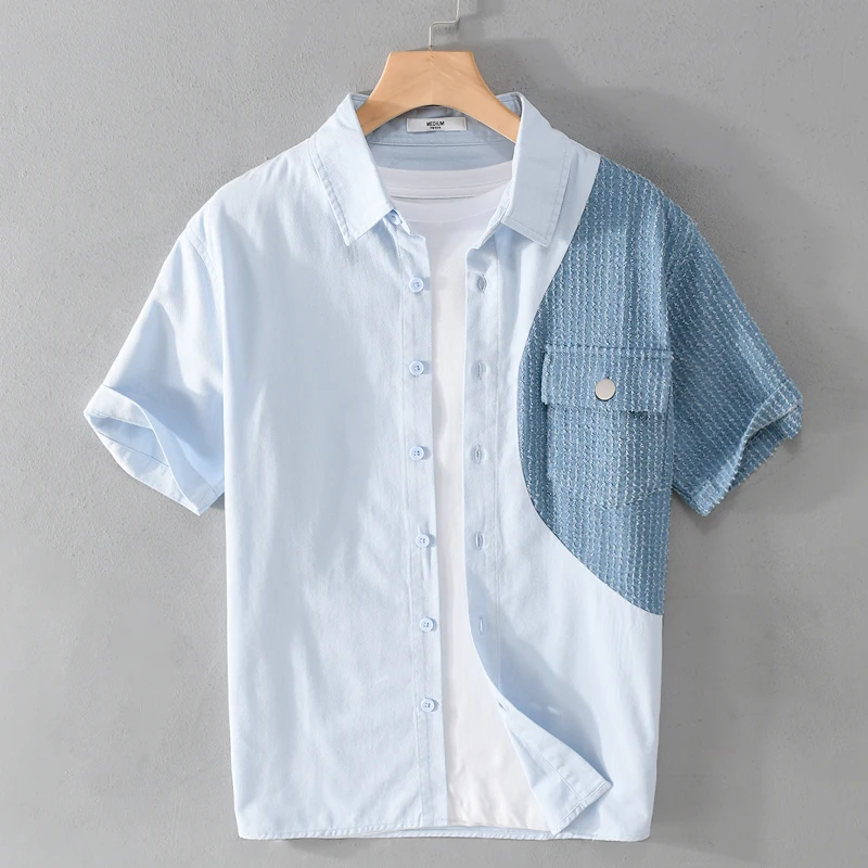 

New Stylish Short Sleeve Patchwork Casual Cotton Shirt Men Brand Fashion Comfortable Tops Clothes Chemise Homme Drop Shipping