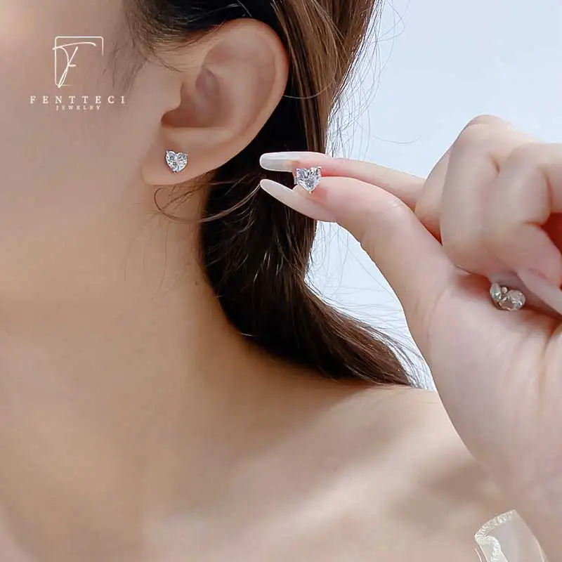 FENTTECI S925 Sterling Silver Real Moissanite Diamond Stud Earrings Heart Shaped for Women Jewelry Wedding Engagement With GRA