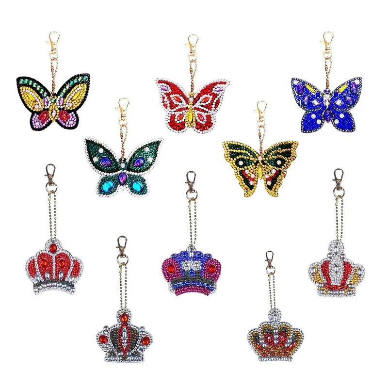 

10PCS Diamond Painting Butterfly Keychain Crown Keychain For Adults And Kids 5D Diamond Art Craft Key Ring Ornaments