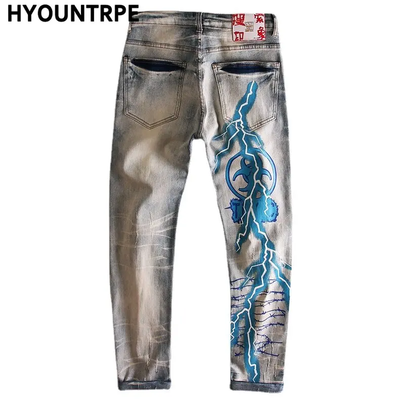 Fashion Skull Graffiti Jeans Printed Ripped Denim Pants Mens Distressed Biker Jeans Streetwear Slim Y2k Hip Hop Pants Joggers