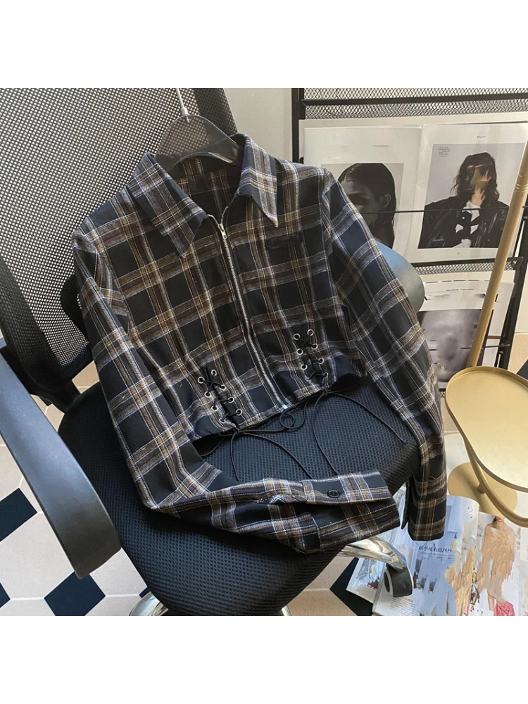 

Женская короткая клетчатая рубашка со шнуровкой и длинным рукавом, демисезонная Асимметричная женская блузка в гонконгском стиле с воротн...