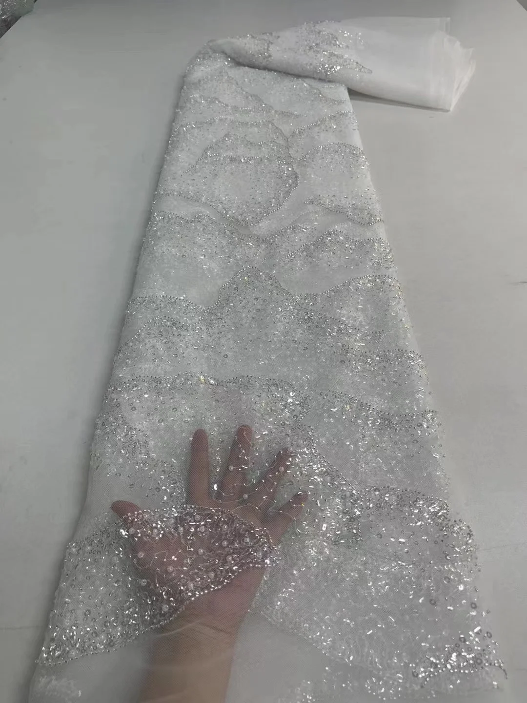 

African Sequin French Lace Fabric 2022 white 3D Embroidery Handmade Sequence Beaded Lace Fabric For Bridal 5 Yards