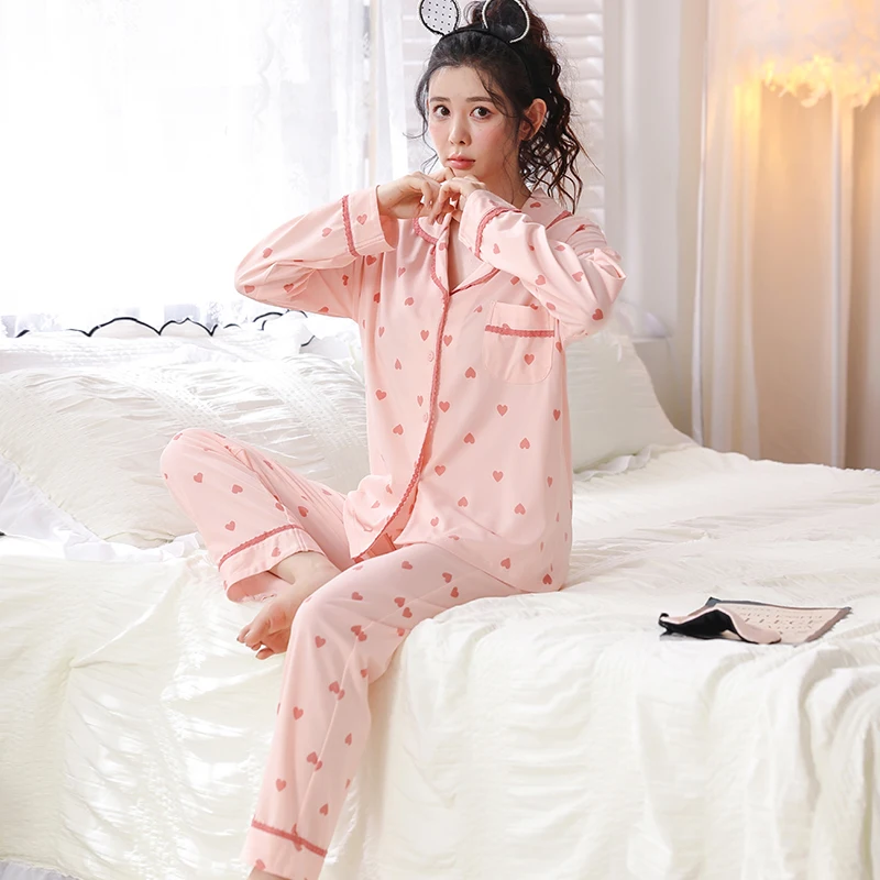 Yasuk Spring Autuum Fashion Women's Casual Print Pocket Sleepwear Homewear Cute Lovely Pajamas With Pants Soft Lace Heart