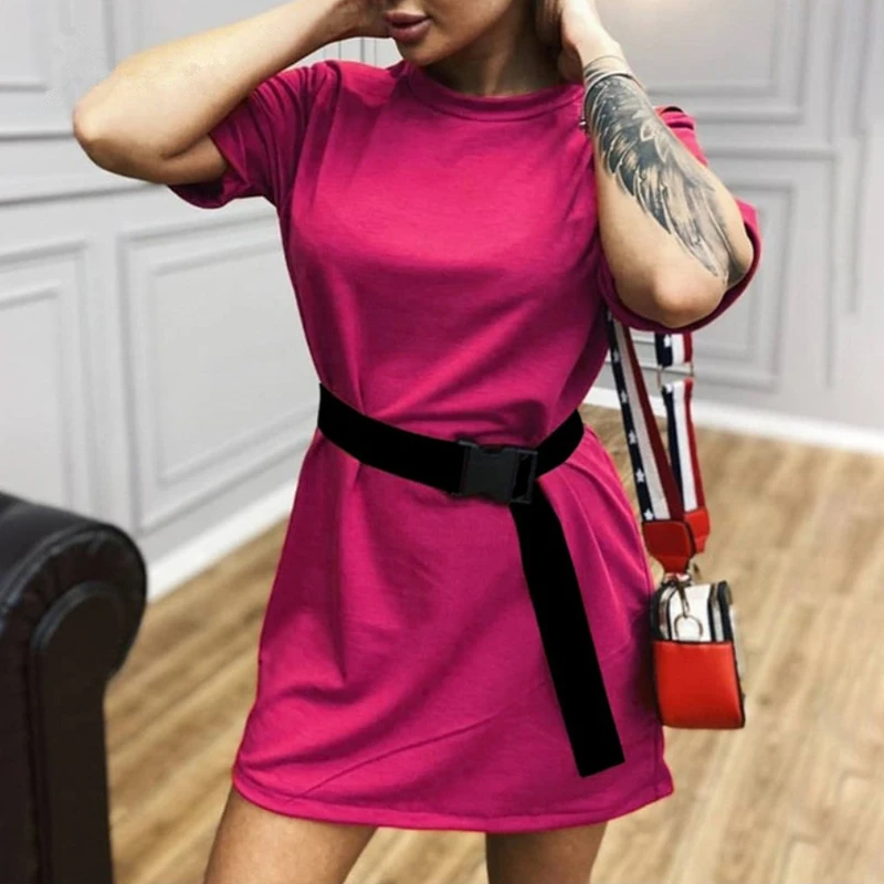 

White Short Sleeve Dresses 2023 Summer Fashion Women O Neck Loose Oversized Shirt Dress Fashion Casual Simple Vestidos with Belt